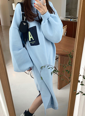 现货韩国东大门卫衣连衣裙2026新女撞色拉链立领加绒宽松卫衣长裙