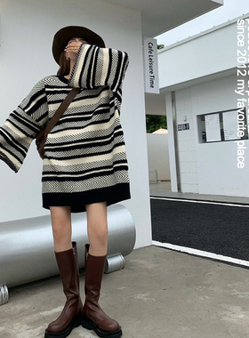 超美大码条纹复古毛衣慵懒风高级感韩国气质宽松中长显瘦过屁上衣