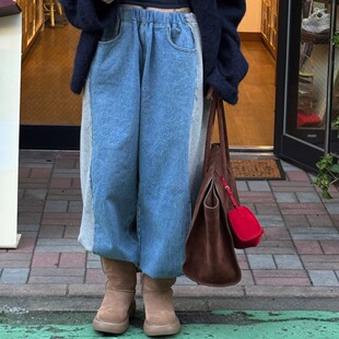 拼接撞色牛仔裤25秋冬新款加厚松紧腰百搭收口束脚卫裤街舞运动裤