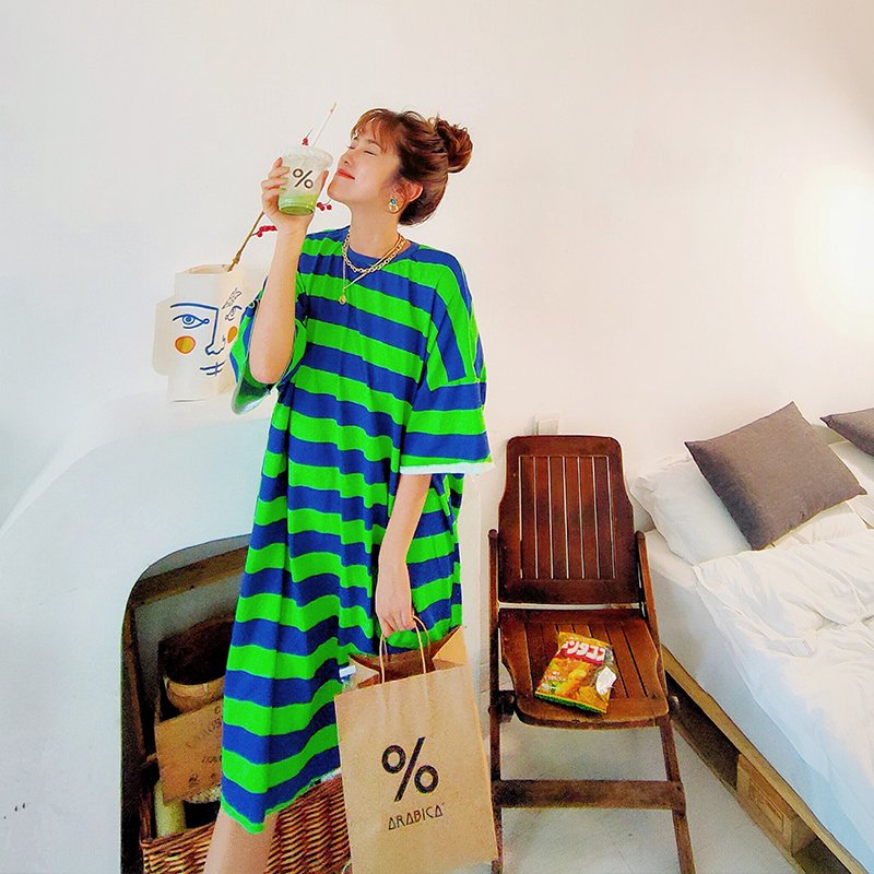 韩宽松条纹显瘦连衣裙慵懒over