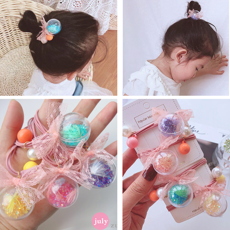 韩国发饰可爱儿童水晶流沙大球球蕾丝蝴蝶结珍珠发圈发绳头绳皮筋