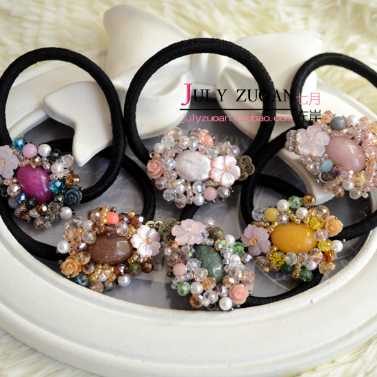 韩国发饰手工中式汉服原石水晶串珠水钻贝壳花朵发圈发绳头绳头花