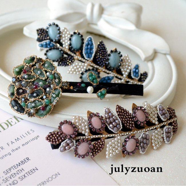 韩国发饰进口手工复古树叶花朵水晶原石珍珠发夹边夹弹簧夹顶夹,饰品/流行首饰/时尚饰品新,发饰,淘宝优惠券,粉丝福利购,淘宝优惠卷