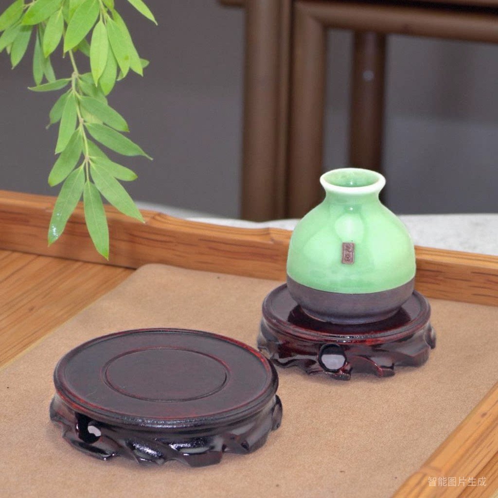 花瓶盆景茶壶圆形实木底座图片