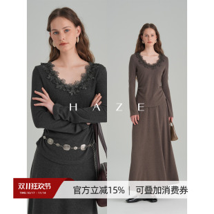 A字半裙两件套 高腰长款 Haze禾枝圆领蕾丝花边收腰显瘦针织衫 上衣