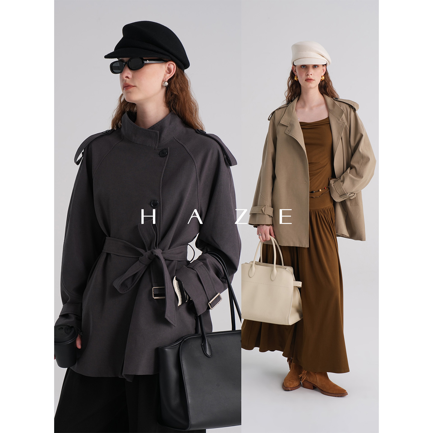 Haze禾枝《廓影》酷飒风卡其色单排扣设计感廓形风衣外套女短款秋