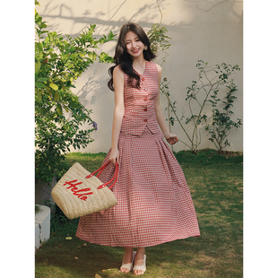 Haze禾枝 知识分子少女感无袖V领格纹背心马甲+高腰半身裙两件套