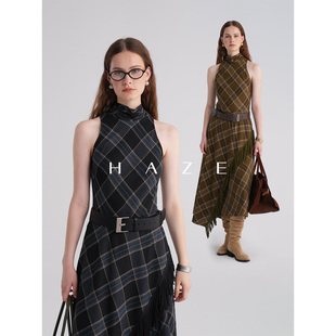 Haze禾枝《格调裙》送腰带/复古文艺纹无袖挂脖不规则流苏连衣裙