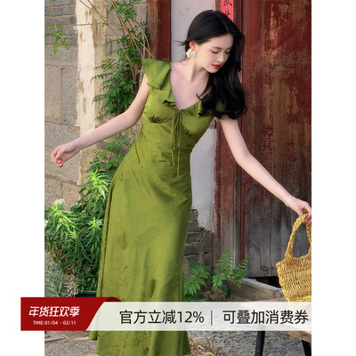 v领无袖系带荷叶领连衣裙女