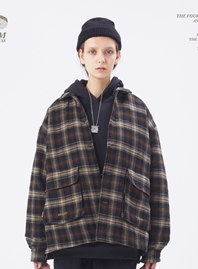 SCRM 19AW复古刺绣格纹毛呢外套宽松棉衣休闲潮流艺术夹克大衣暖