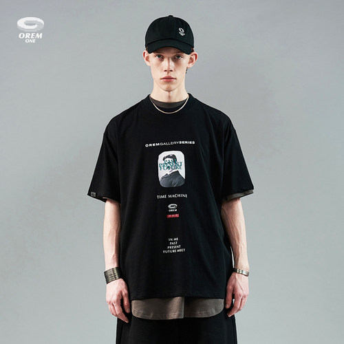 时光机人像印花休闲情侣圆领t恤