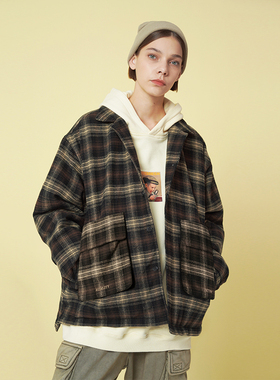 SCRM OREM 复古刺绣格纹毛呢外套男潮牌ins宽松棉衣休闲潮流夹克