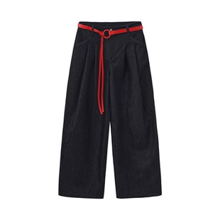 Happy Prescription 墨蓝色经典阔腿休闲裤垂坠感长裤