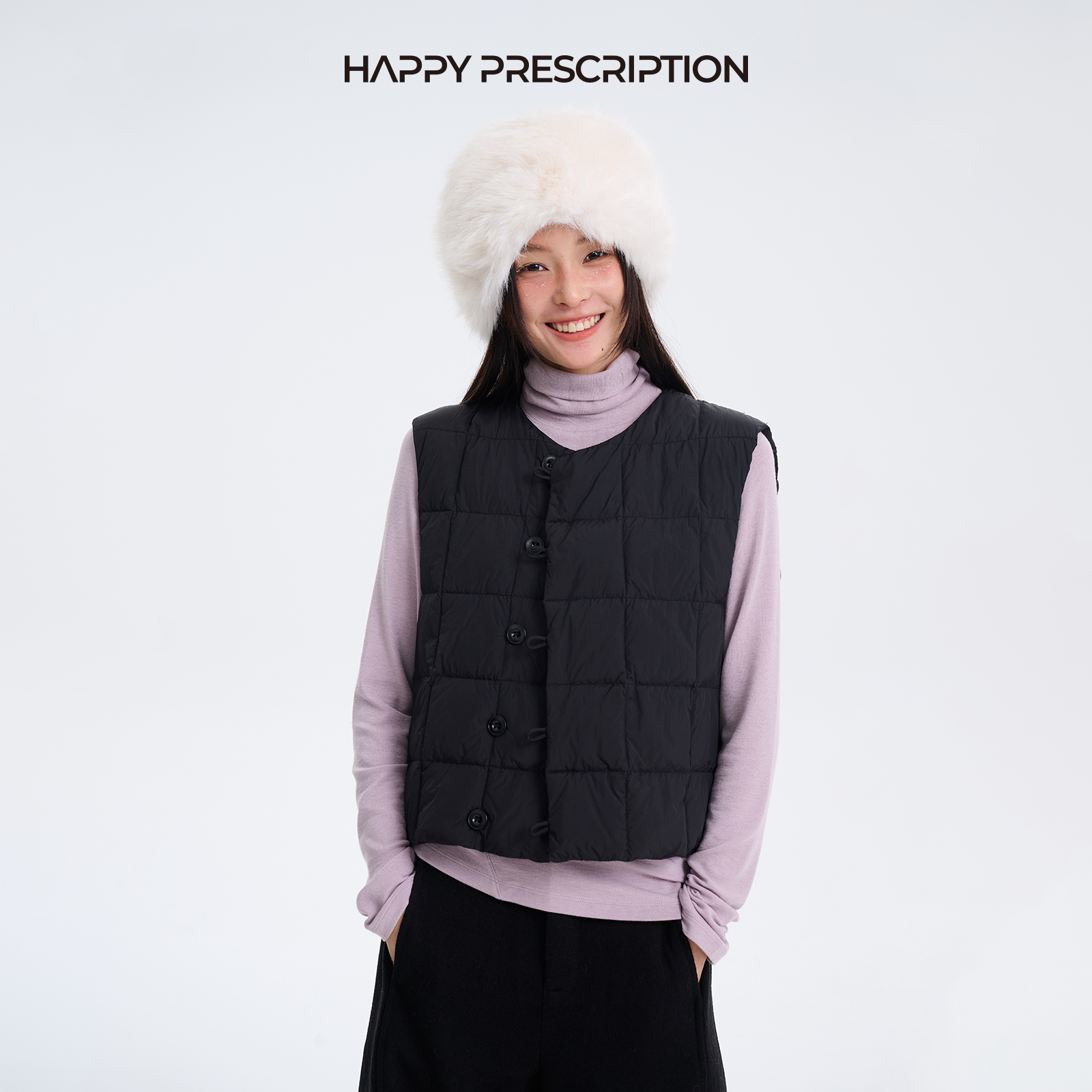 Happy Prescription 设计感方格绗缝轻薄羽绒短款马甲女90白鸭绒