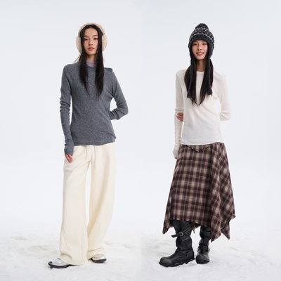 明星同款圆领坑条长袖针织打底衫