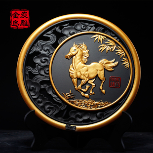 金乌炭雕富贵驹领导书房老板办公室桌面摆件商务礼品博古架装 饰品