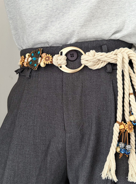 复古文艺手工编织腰带女细装饰连衣裙子打结腰绳子民族风流苏腰链