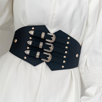 欧美超宽装饰弹力束腰腰封配大衣连衣裙衬衫腰带松紧皮带女士朋克