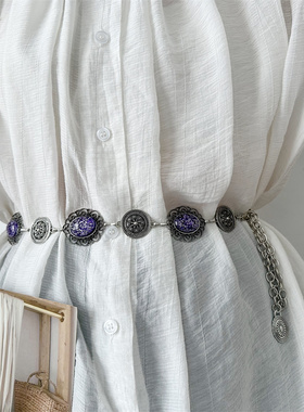 韩版新款复古金属雕花古银链条腰链配饰辣妹配裙子连衣裙紫色腰带