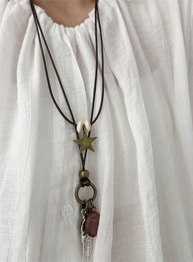 复古做旧金属圆牌吊坠多层项链波西米亚长款毛衣链民族风中古颈链