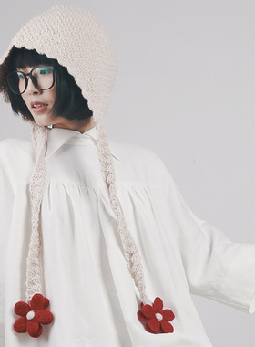 织布云麻麻原创设计毛线帽子女秋冬款针织帽护耳帽保暖花朵帽Y069