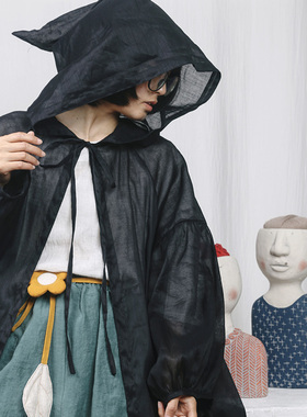 织布云麻麻原创设计透气防晒披肩连体帽开衫防晒灯笼袖魔法衣Y107