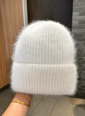 新款秋冬毛线帽女保暖帽子纯色百搭套头冷帽加厚护耳兔毛针织帽潮
