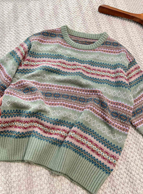 R拉小众L夫24秋新品圆领复古风水墨绿花纹图案针织长袖毛衣