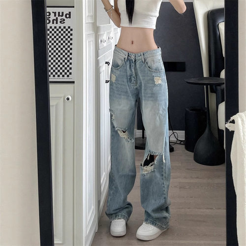 美式复古宽松直筒破洞牛仔裤潮流百搭夏季垂坠感嘻哈hiphop裤子
