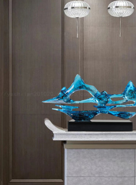 蓝色镂空新中式风装置陈设假山