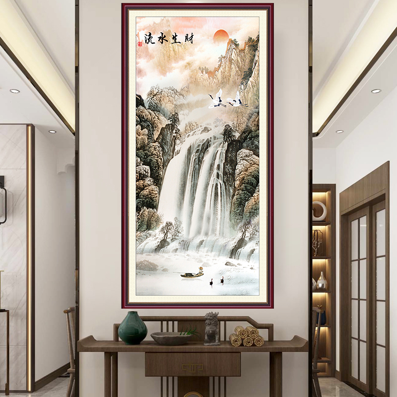 高端手绘风油画自粘画立体美式山水画玄关竖版走廊过道装饰墙贴纸图片