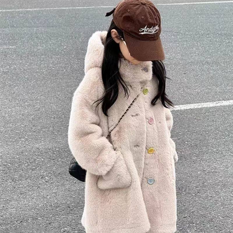 2025新款女童仿皮草外套长款加厚保暖连帽大衣风衣淑女中大童冬装