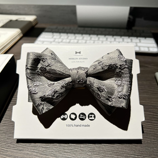 MERLIN银色刺绣定制款高级灰闪耀宴会领结新郎领结礼物手工制作