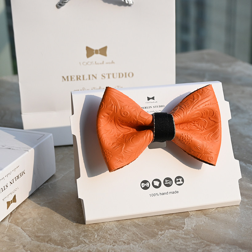 Merlinstudio精品植鞣革牛皮雕花工艺领结bowtie正装婚礼宴会礼品