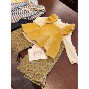 韩版女童2026秋季新款姜黄色花边小飞袖针织马甲女宝宝森系碎花裤