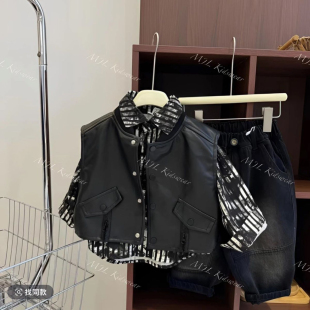 洋气宝宝秋冬时髦痞帅坎肩 2026新款 男童皮衣马甲衬衫 三件套春秋款