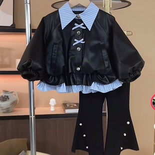 子洋气两件套 中大童时髦夹克加绒外套裤 女童秋冬皮衣套装 2026新款