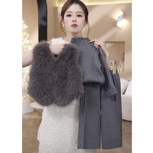 韩国童装女套装冬季2025新款时尚女童冬天皮草马甲打底衫三件套潮