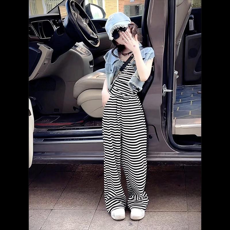 女童夏装2025新款条纹洋气时髦三件套装中大童吊带个性洋气显瘦潮