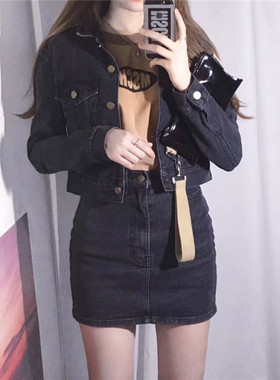 【包邮】欧美风新款 时髦黑灰色牛仔外套+高腰半身裙女包臀裙套装