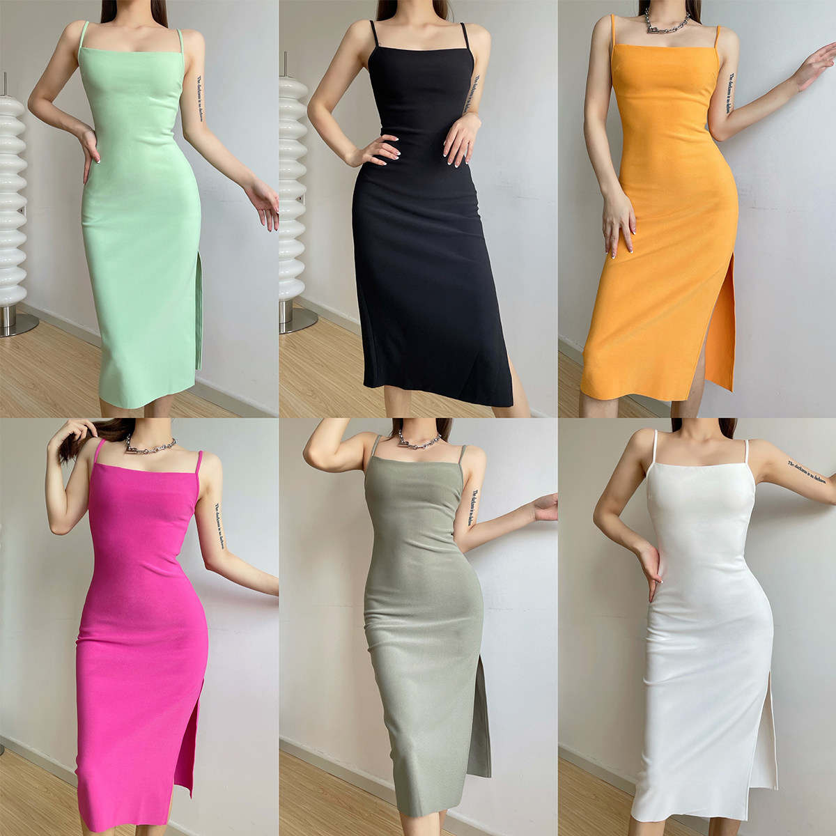 欧美复古法式平口一字肩吊带连衣裙女设计感侧边开叉中长裙包臀裙,女装/女士精品,连衣裙,淘宝优惠券,粉丝福利购,淘宝优惠卷