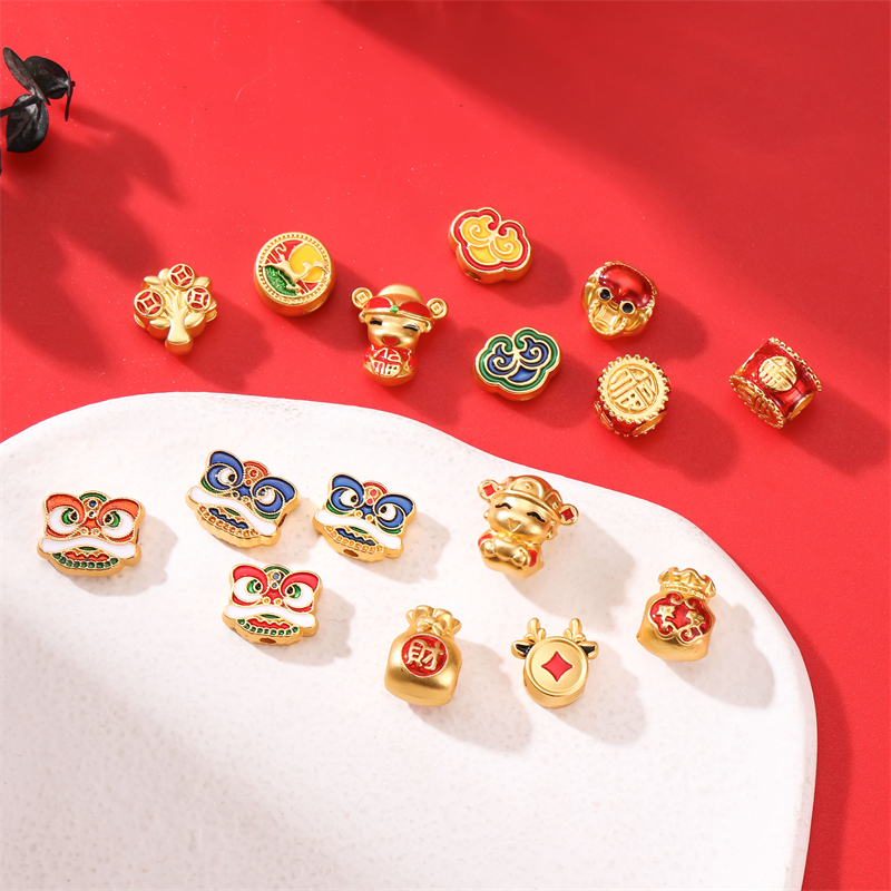 中式国潮新年古法镀沙金保色配件财神醒狮摇钱树如意diy手链项链