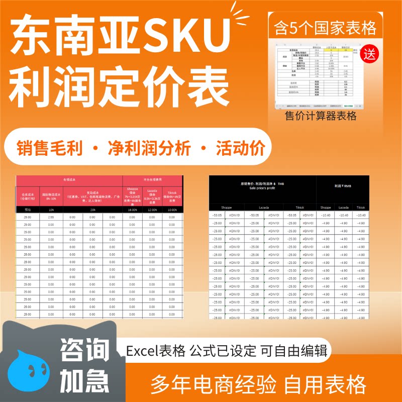 东南亚跨境电商定价表Lazada虾皮TK通用含售前售后利润促销规则