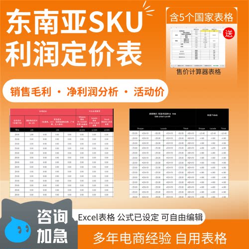东南亚跨境电商定价表Lazada虾皮TK通用含售前售后利润促销规则