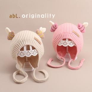 毛线帽子婴儿冬天针织帽系绳可爱男女宝宝秋冬季双层包头帽加厚款