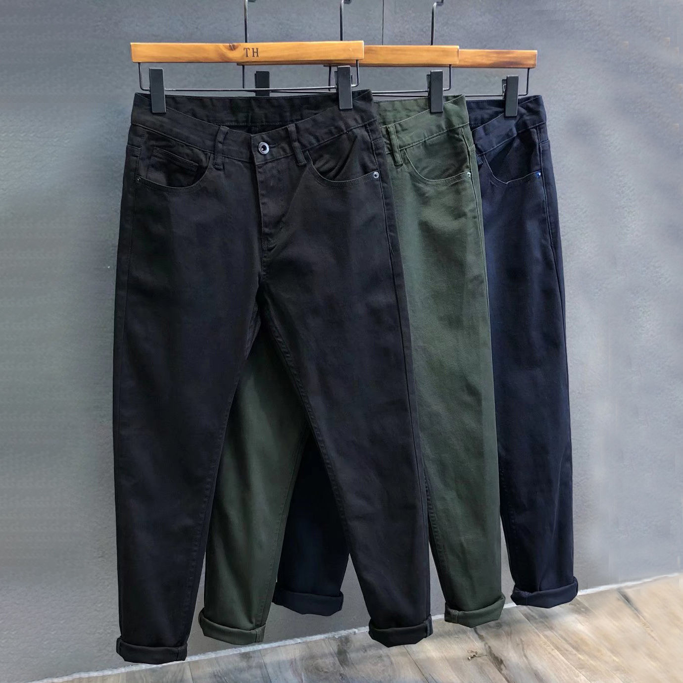 秋冬直筒休闲裤男微弹纯棉咔叽日系复古工装裤修身小脚劳保工作裤