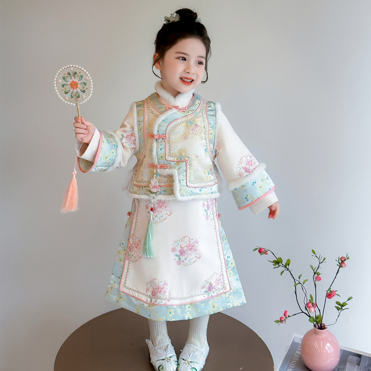 女童格格拜年服2025冬装新款儿童夹棉旗袍马甲唐装女孩过年服喜庆
