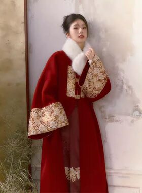新中式双面羊绒红色大衣毛呢外套敬酒服新娘结婚便装订婚礼服