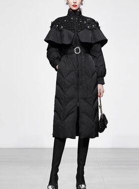 冬季新款女装黑色收腰中长款白鸭绒羽绒服加厚修身中长羽绒服