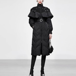 冬季新款女装黑色收腰中长款白鸭绒羽绒服加厚修身中长羽绒服